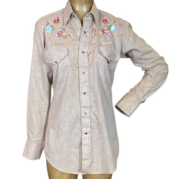 VTG Sears Western Shirt Pearl Snap Flower Chainstitch 70s Cowboy Rodeo S #204B - Picture 3 of 7